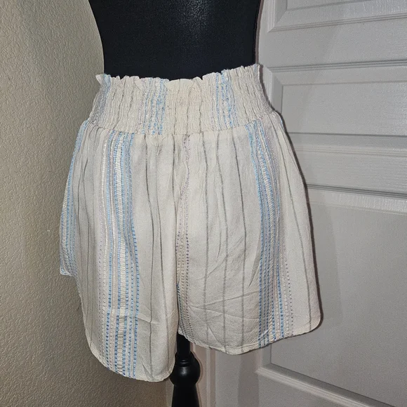Elan Smocked High Waist Cream and Blue Striped Faux Wrap Coverup Shorts - Picture 9 of 11